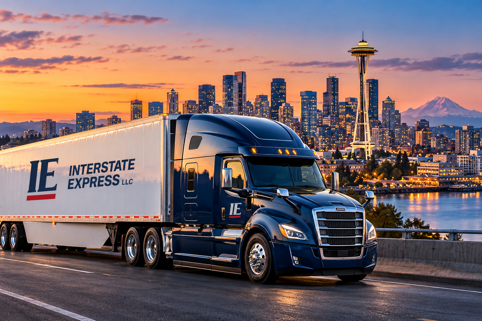 Interstate Express refrigerated truck and trailer with Seattle Space Needle skyline